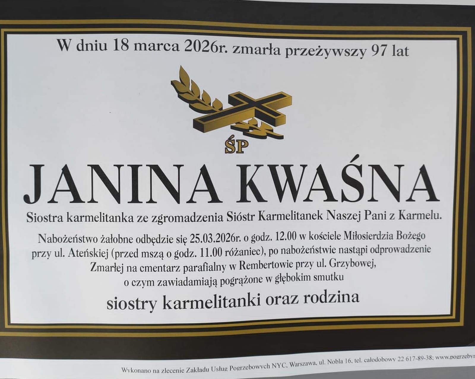 Zmarła s. Janina Kwaśna INCS